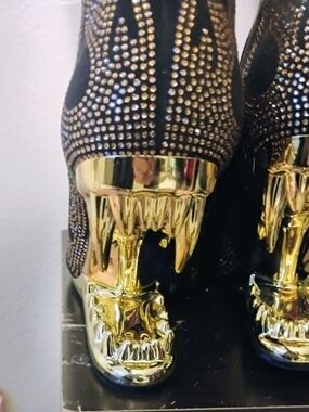 Embellished Black Heel Boots with Gold Sculpted Skull Animal Teeth
